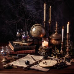 Fototapeta na wymiar occultist's table with crystal ball and candlesticks 