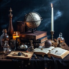 Obraz na płótnie Canvas occultist's table with crystal ball and candlesticks 