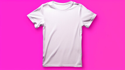 Photo white t-shirts for logos on magenta background, inscriptions, designers, printing, copy space