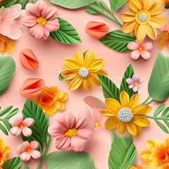Flowers colorful collage 3d seamless repeat pattern
