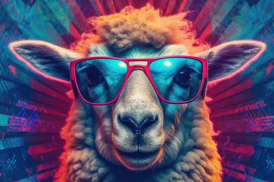 sheep in stylish sunglasses takes center stage in a colorful abstract masterpiece