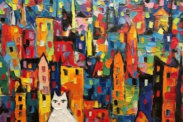 City town landscape art, thick impasto painting