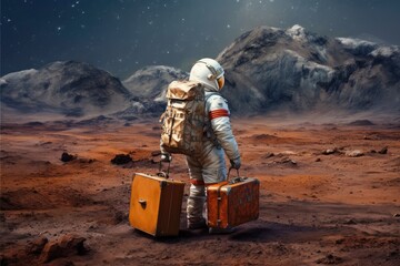  interstellar journey with an astronaut holding a suitcase
