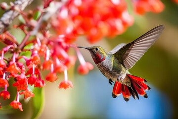 Hummingbird in Flight, Hovering and Feeding on Sweet Nectar from Colorful Blossoms: A Captivating Image of Nature's Beauty and Wildlife in Action