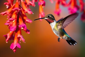 Fototapeta premium Hummingbird in Flight, Hovering and Feeding on Sweet Nectar from Colorful Blossoms: A Captivating Image of Nature's Beauty and Wildlife in Action