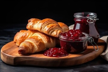 Croissant with butter and strawberry jam - obrazy, fototapety, plakaty