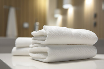 Clean towels on bathroom marble table, Generative AI
