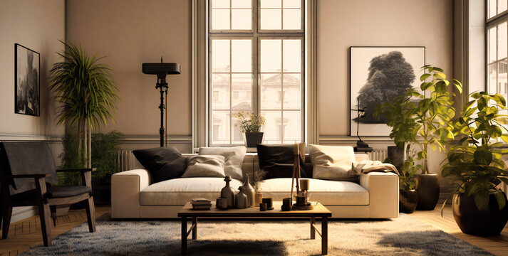 white living room with black furniture and some plants