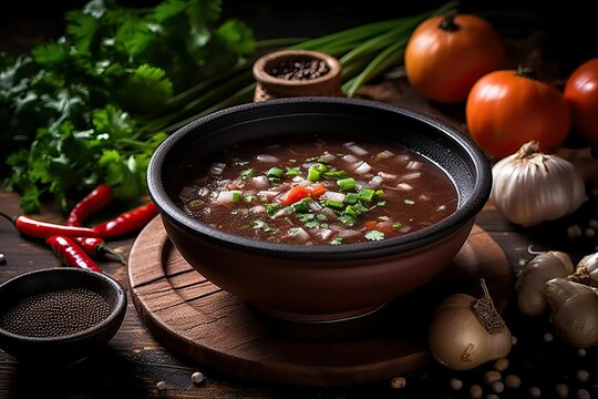 Black Bean Soup in a Beautiful Ceramic Bowl: A Mouthwatering Culinary Image Perfect for Food Blogs, Menus, and Healthy Eating Concept