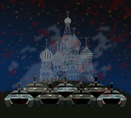 row of tanks in front of the kremlin with blood in the foreground, against a midnight sky,...