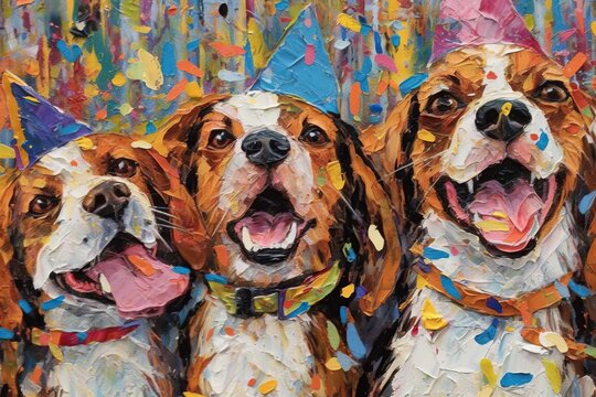 Dog party thick impasto painting, pet lover (Ai generated)