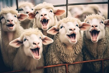 a herd of sheep bursts into laughter - obrazy, fototapety, plakaty