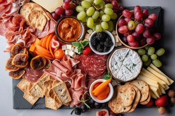 Fototapeta na wymiar Food on the table, Flat lay of charcuterie board with popular food (Ai generated)