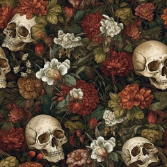 Skulls and flowers seamless repeat pattern