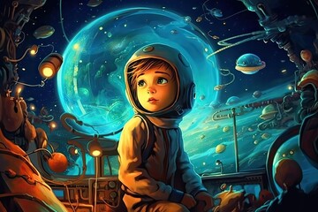 Little boy astronaut in space, surrounded by colorful magical planets in fantasy space. 