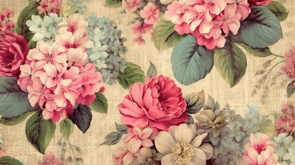 Floral retro vintage pattern, flower painting (Ai generated)