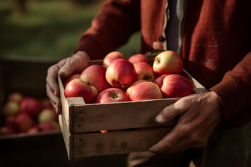 Farmer carrying crate of fresh red apples, Generative AI