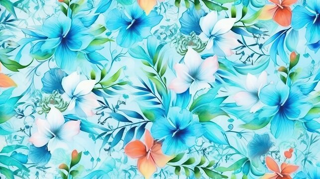 Floral Toile vintage pattern, flower blue painting watercolor  (Ai generated)
