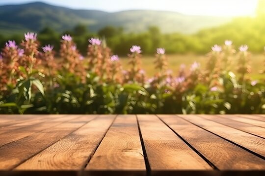 Wooden floor with flower field beautiful nature background (Ai generated)