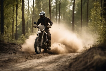 Fototapeta na wymiar Rider driving motorcycle through forests roads, Generative AI