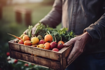 Farmer carrying crate of fresh vegetables, Generative AI