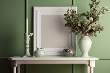 Olive twig in vintage silver vase, jug. Elegant living room interior with sage green walls. Stylish concept of vertical mock up poster frame generative AI technology