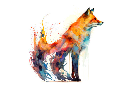 fox drawn with colored watercolors isolated on a white background. Generated by AI.