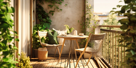 a small balcony with some plants and a table