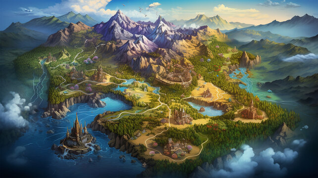 fantasy map game board illustration adventure element, generative ai © bakul