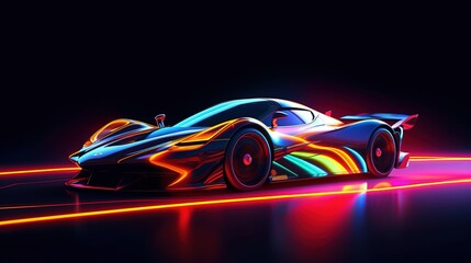 Neon glowing sport car on a night road. Generative AI. Illustration for banner, poster, cover or presentation.