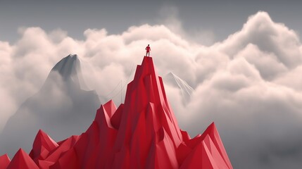 A man standing on a stone cliff. Person on top. Mountains and clouds all around. Leadership concept. Generative AI. Illustration for banner, poster, cover, brochure or presentation.