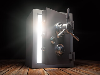 Bank safe. Ray of light shining through an opened safe box.