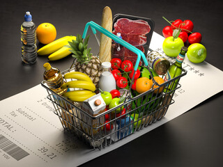 Shopping basket with foods on receipt. Grocery expenses budget, inflation and consumerism concept.
