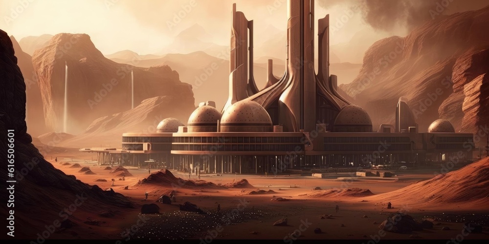 Poster futuristic building habitat on mars settlement from sci-fi novel. superlative generative ai image.