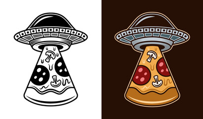 Ufo stealing pizza slice vector illustration in two styles black on white and colored on dark background