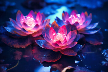 lotus flowers in dark water with glowing pink centers