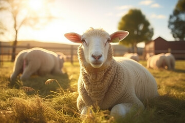 Obraz premium sheep grazing on vast mountain slope in warm sunset light , Eid-al-Adha concept