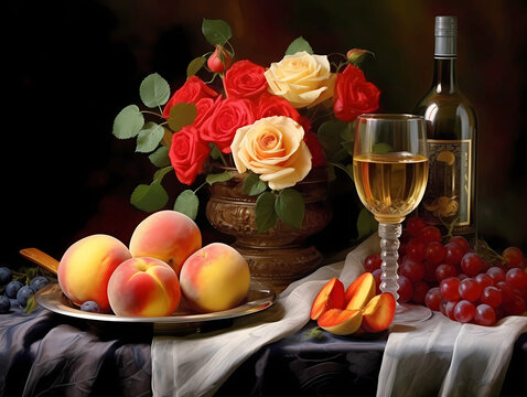 Elegant still life with fresh roses, grapes peaches and wine. 