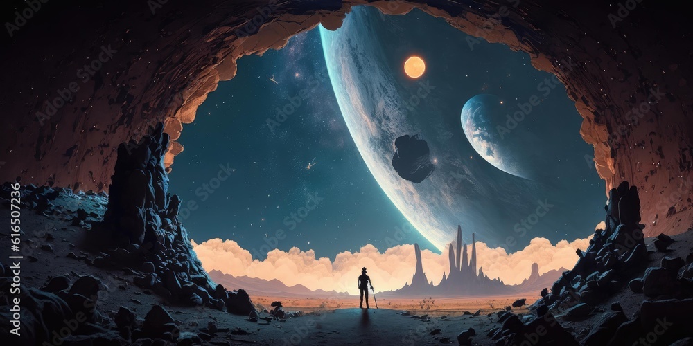 Poster outer planet landscape with from sci fi novel. superlative generative ai image.