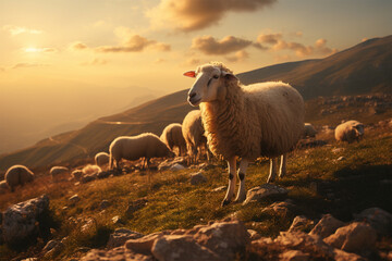 Fototapeta premium sheep grazing on vast mountain slope in warm sunset light , Eid-al-Adha concept