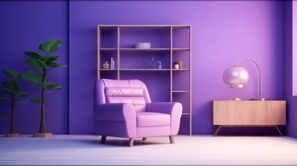 A modern design interior in Very Peri, presenting a violet room with a chair,Ganerative AI