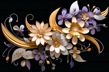 a gold and black background with swirls of flowers