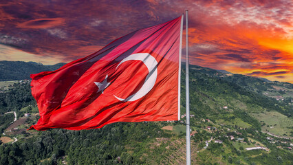30 Agustos Zafer Bayrami concept. Turkish flag aerial view. 30 August Victory Day. Turkish National...
