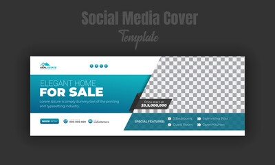 Elegant home for sale social media cover design template with green gradient color shape and white background, abstract, minimal, professional and modern promotion web banner for real estate company