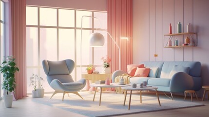 A modern living room adorned with pastel colors,Ganerative AI.