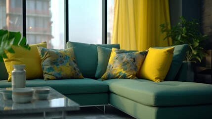 A modern sofa with green and yellow pillows, Ganerative AI.