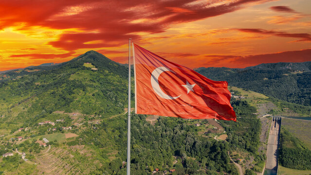 30 Agustos Zafer Bayrami concept. Turkish flag aerial view. 30 August Victory Day. Turkish National Holiday concept