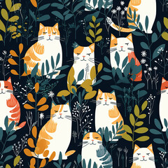 Cartoon cats and plants seamless repeat pattern 