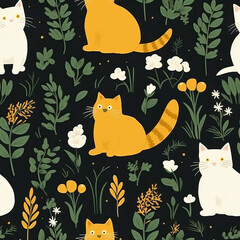 Obraz premium Cartoon cats and plants seamless repeat pattern 