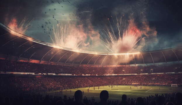 Fans at stadium are burning flares and smoke bombs. Football stadium during soccer match. Created with Generative AI
